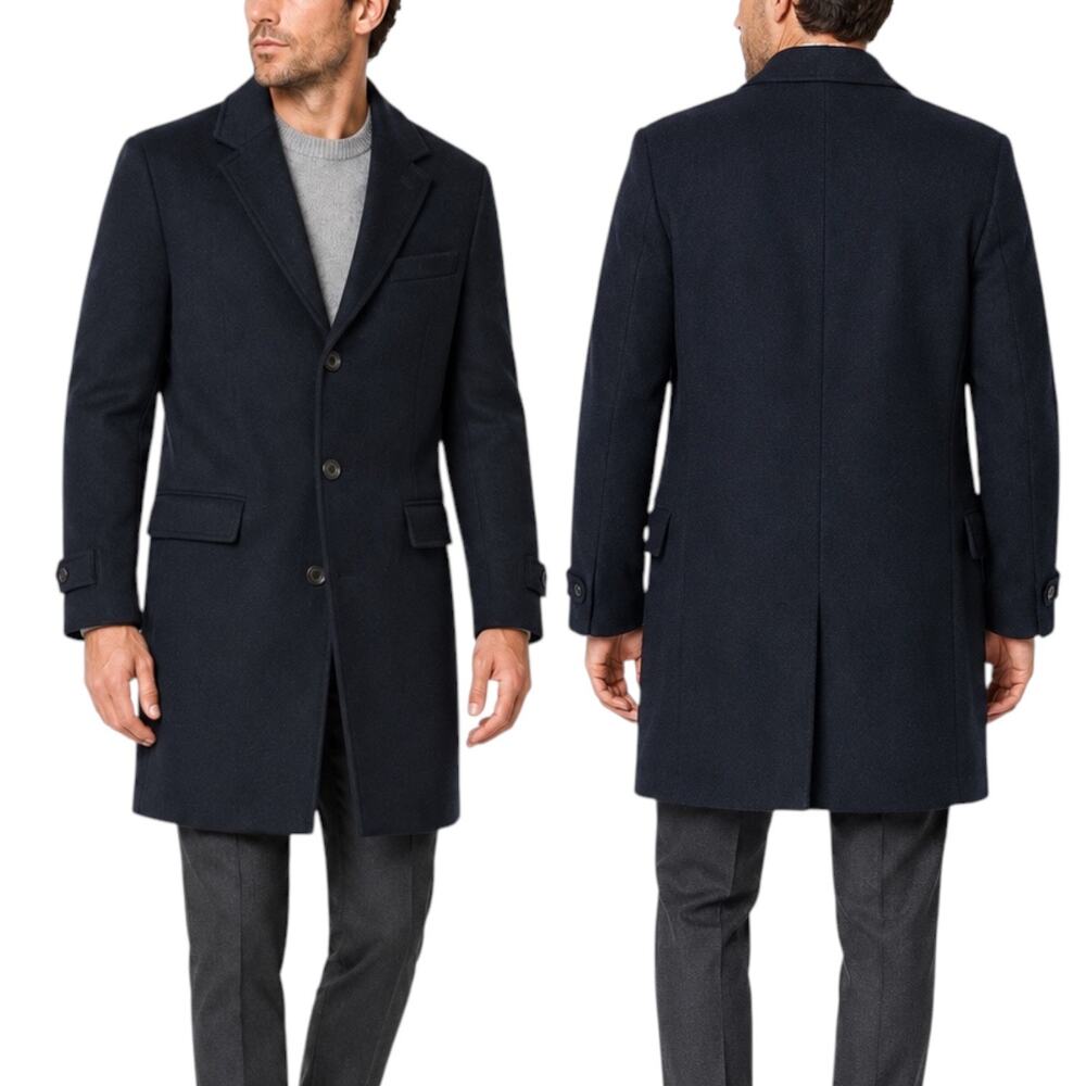 Lands' End Wool Blend Single Breasted Long Top Coat Black Men Size L Reg